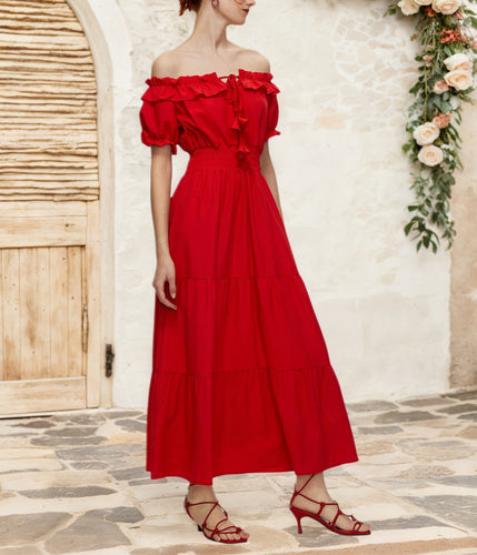 Damen Off-Shoulder Maxikleid mit elastischem Taillenbund und Rüschendetails Drune