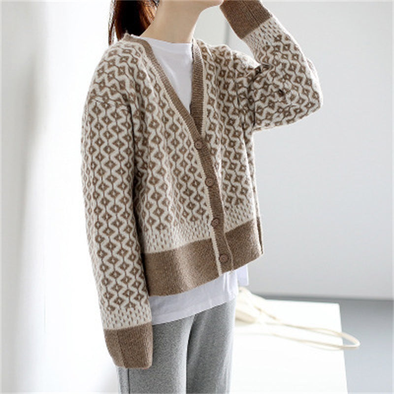 Damen Strickjacke mit geometrischem Design und Knopfverschluss Drune