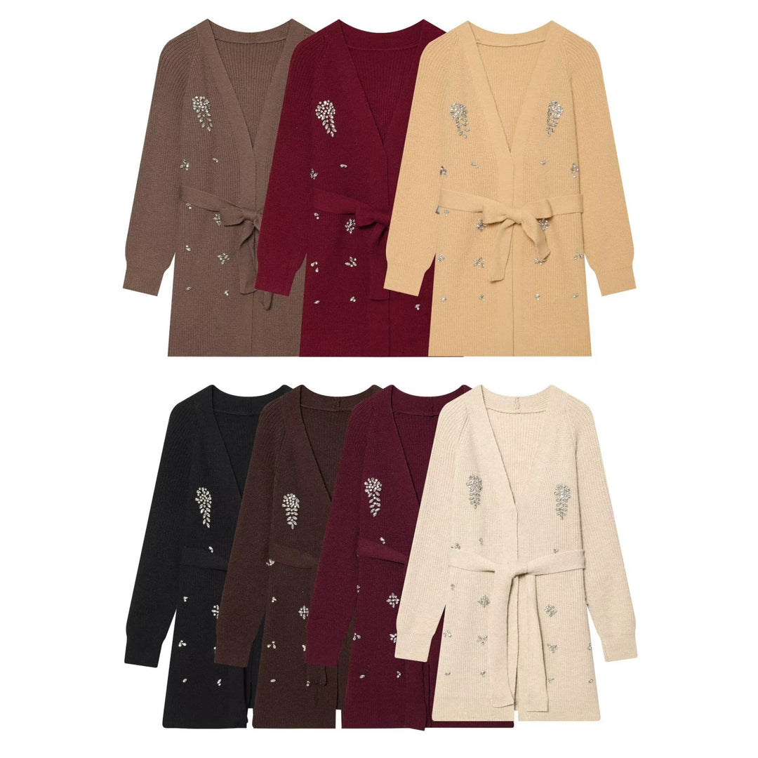 Damen Longcardigan mit Bindegürtel und Schmuckstein‑Applikation Drune