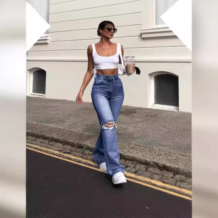Damen Vintage Schlagjeans mit modischen Rissdetails und hohem Bund Drune