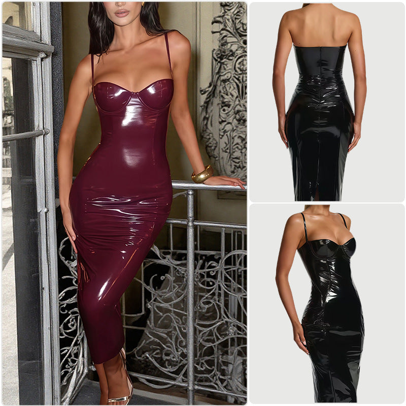 Damen Bodycon-Kleid mit trägerlosem Design und glänzender Oberfläche Drune