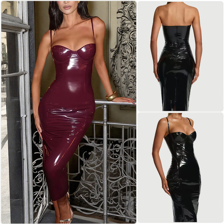 Damen Bodycon-Kleid mit trägerlosem Design und glänzender Oberfläche Drune