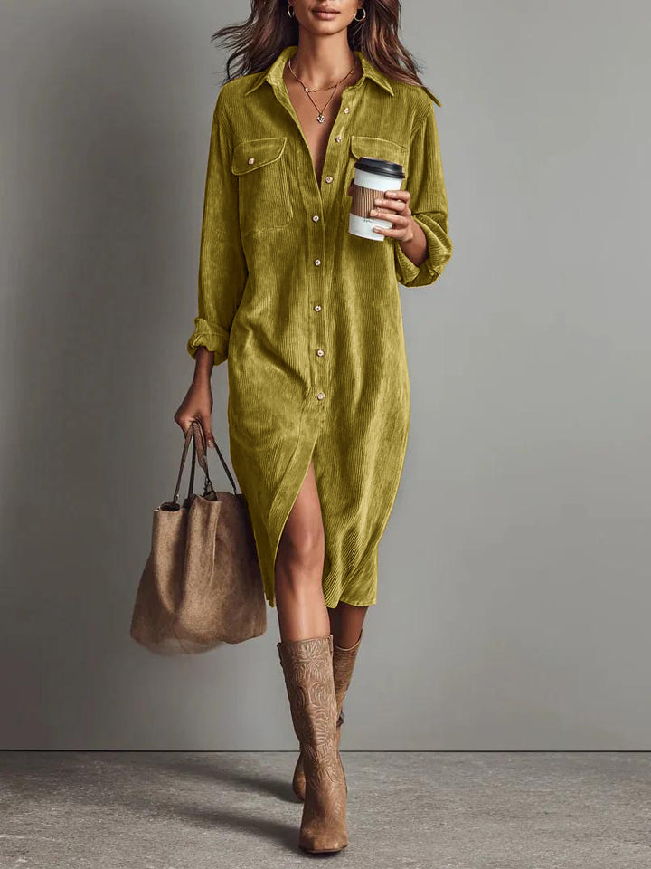 Damen Hemdblusenkleid aus Cord mit Brusttaschen, Knopfleiste und Schlitze Drune