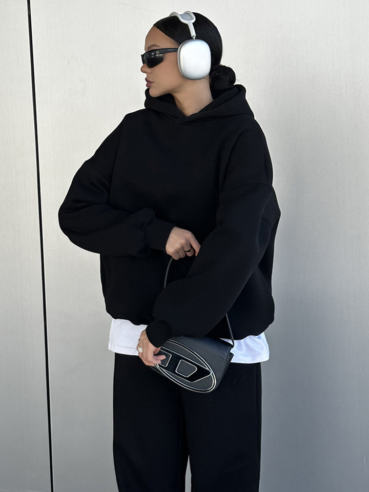 Damen urbanes Oversize-Lounge-Set mit Kapuzenpullover, locker geschnittener High-Waist-Jogginghose und passender Mütze Drune