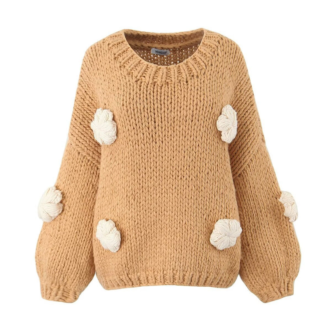 Damen gepunkteter Strickpullover mit voluminösen Ärmeln und floralem Design Drune