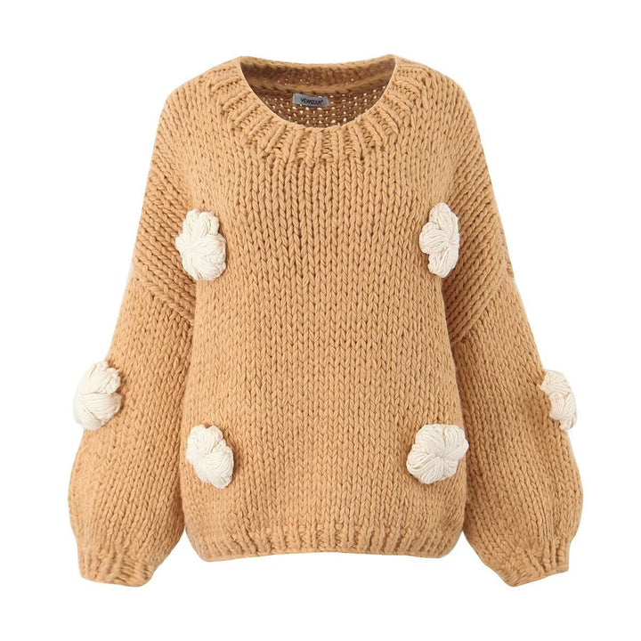 Damen gepunkteter Strickpullover mit voluminösen Ärmeln und floralem Design Drune