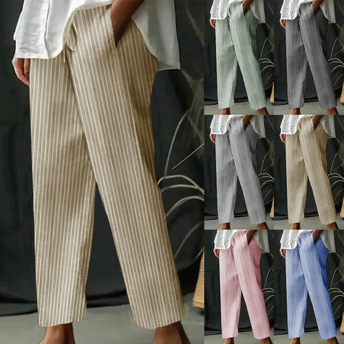 Damen gestreifte Leinen-Optik-Hose mit hohem Bund, Kordelzug und geradem, cropped Schnitt Drune