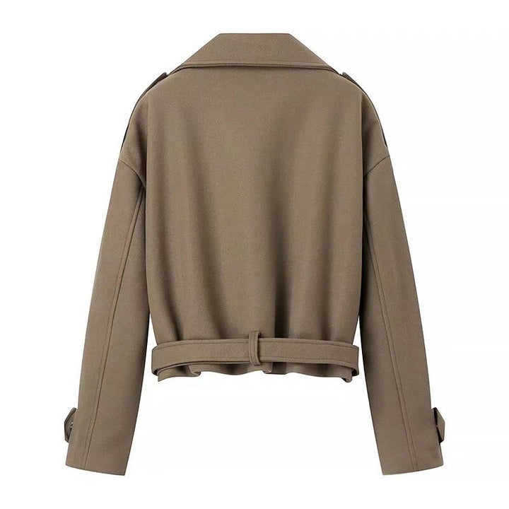 Damen Kurzer Wollmix-Trench mit Gürtel, Epauletten und weitem Revers Drune