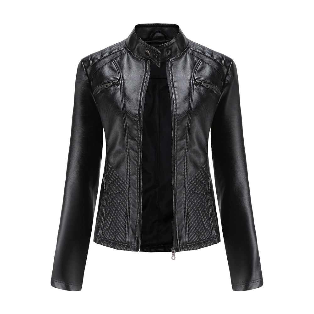 Damen nan taillierte Bikerjacke aus Kunstleder mit Stepppaneelen und Stehkragen Drune