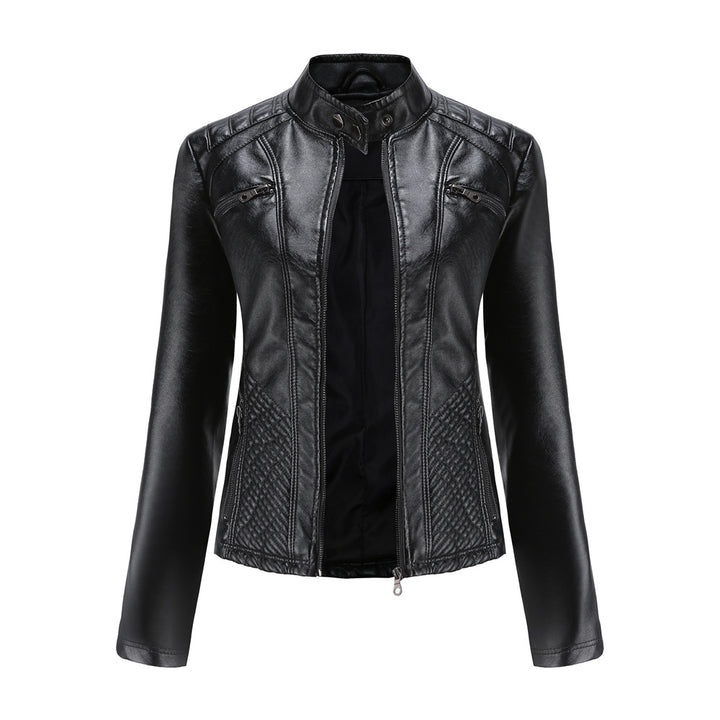 Damen nan taillierte Bikerjacke aus Kunstleder mit Stepppaneelen und Stehkragen Drune