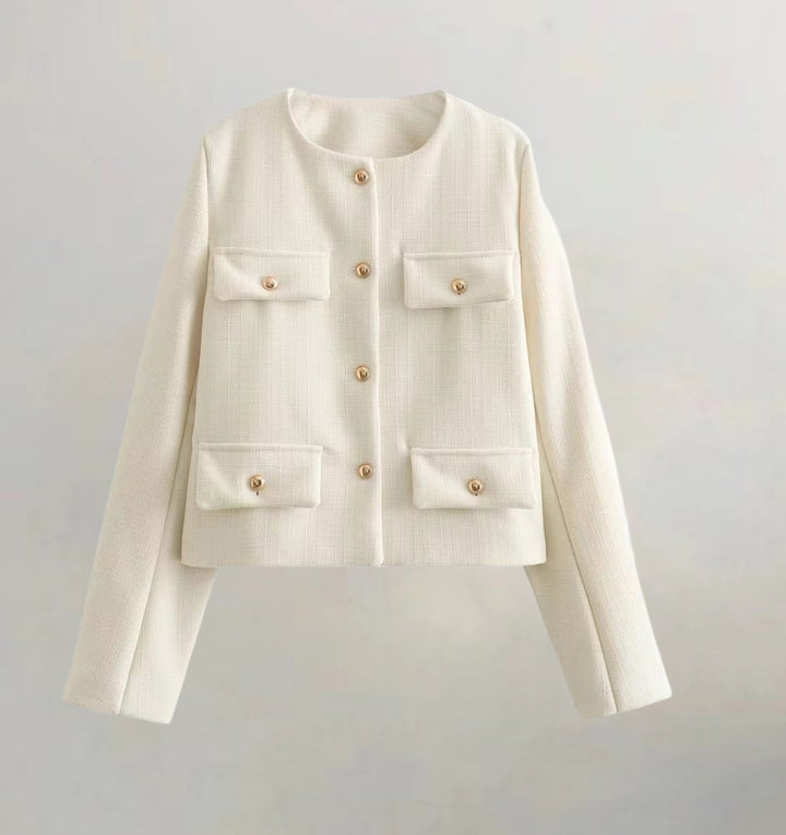 Damen kurzärmlige Utility-Jacke mit aufgesetzten Taschen und dekorativen Knöpfen Drune