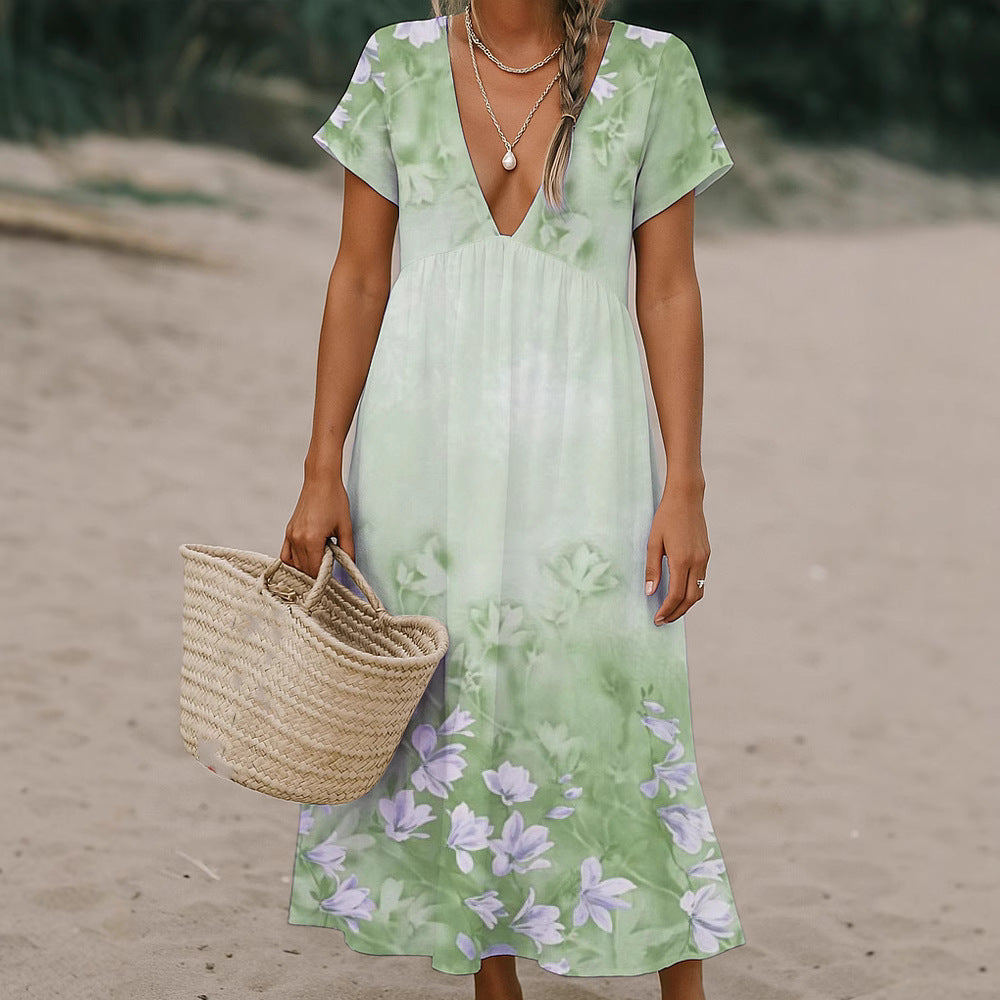 Damen Fließendes Maxi-Kleid mit tiefem V-Ausschnitt und floralem Muster Drune