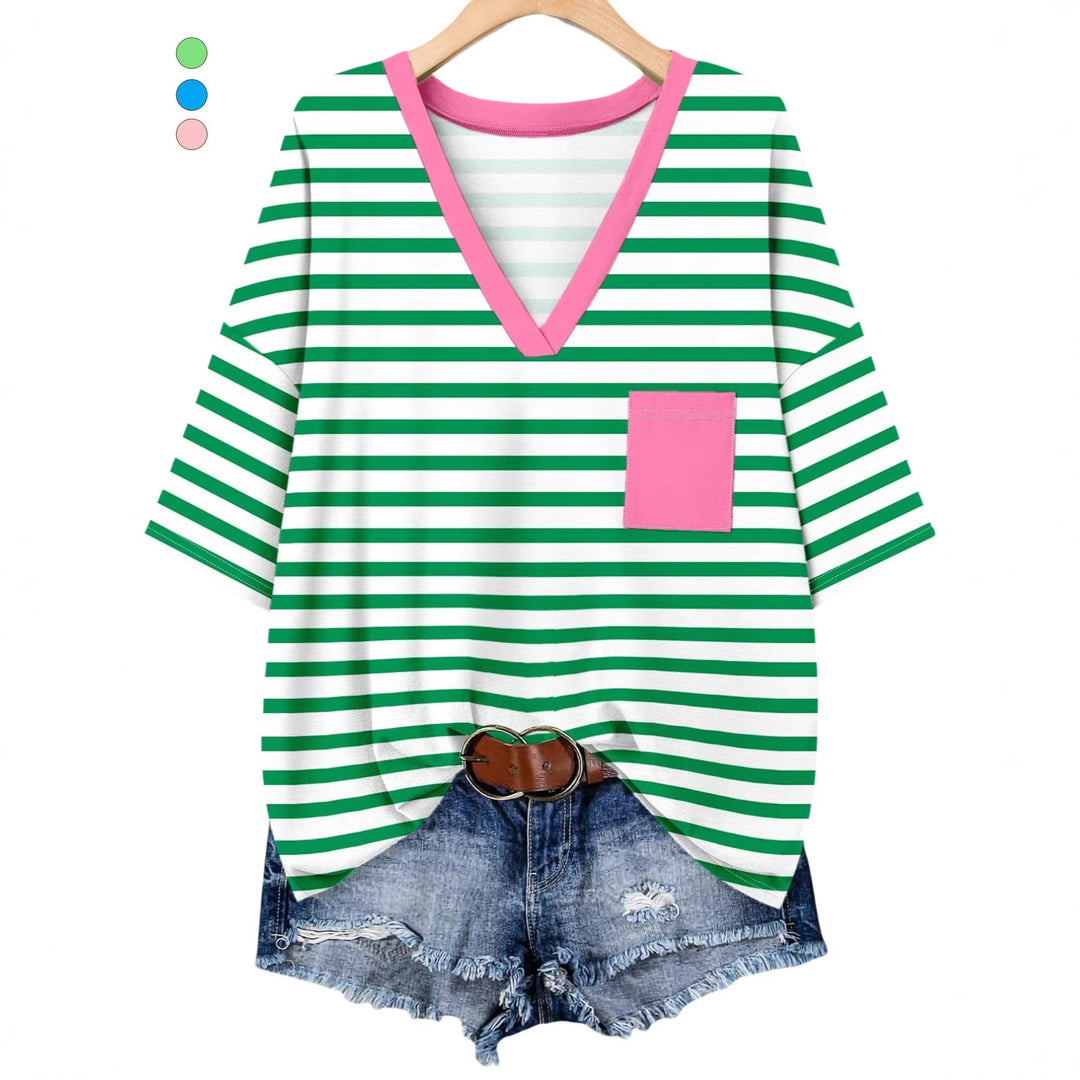 Damen lässiges V-Neck T-Shirt mit Streifen-Design Drune