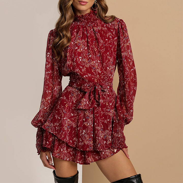 Damen Mini-Kleid mit floralen Details und Schleifenbund Drune
