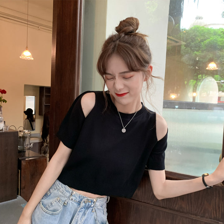 Damen Cropped Top mit schulterfreiem Design und modernem Strickmuster Drune