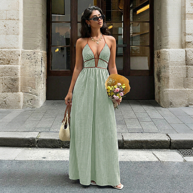 Damen Maxi-Kleid mit tiefem V-Ausschnitt und raffiniertem Streifenmuster Drune