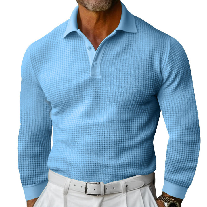 Herren nan strukturiertes Waffelstrick-Poloshirt Langarm Slimfit mit Kentkragen Drune