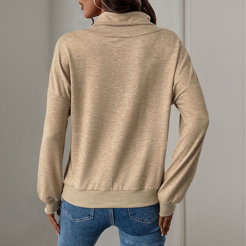Damen Gekreuzter Stehkragen-Sweatshirt mit Knopfblende und gerippten Bündchen Drune