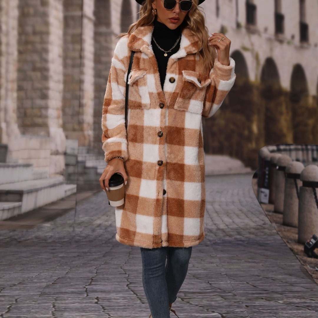 Damen Plüsch-Winterjacke mit kariertem Design und praktischen Taschen Drune