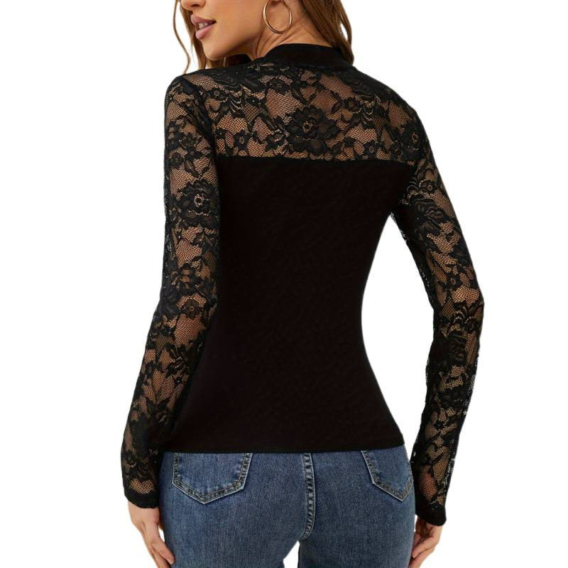 Damen Spitzenbody mit hochgeschlossenem Kragen und langen Ärmeln Drune