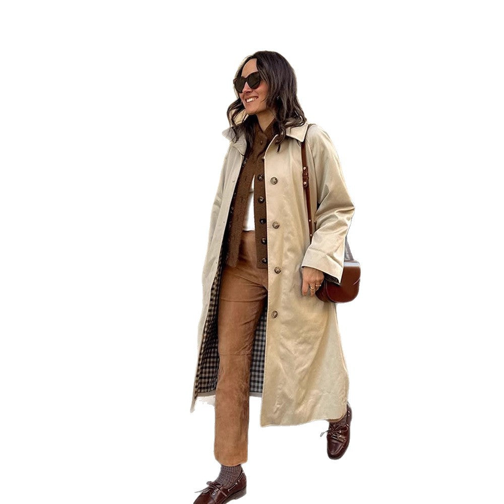 Damen Maxilanger Trenchcoat mit Karofutter, weitem Fall & klassischer Knopfleiste Drune