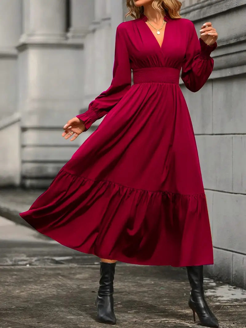 Damen Maxikleid mit elegantem V-Ausschnitt und voluminösen Ärmeln Drune