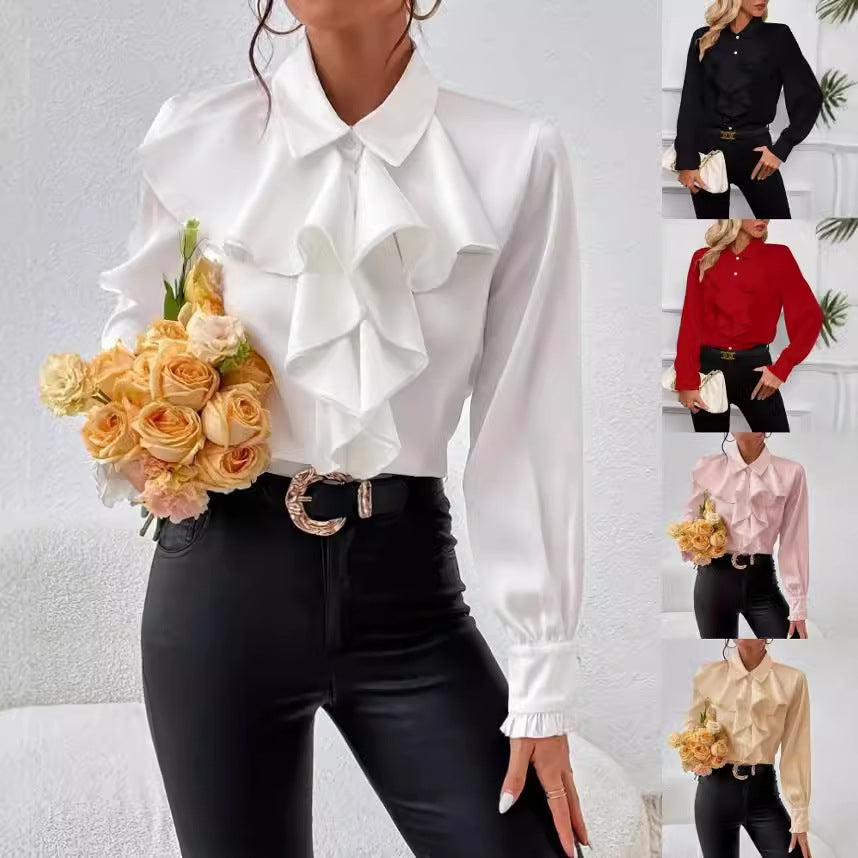 Damen elegante Rüschenbluse mit langem Arm und femininer Silhouette Drune