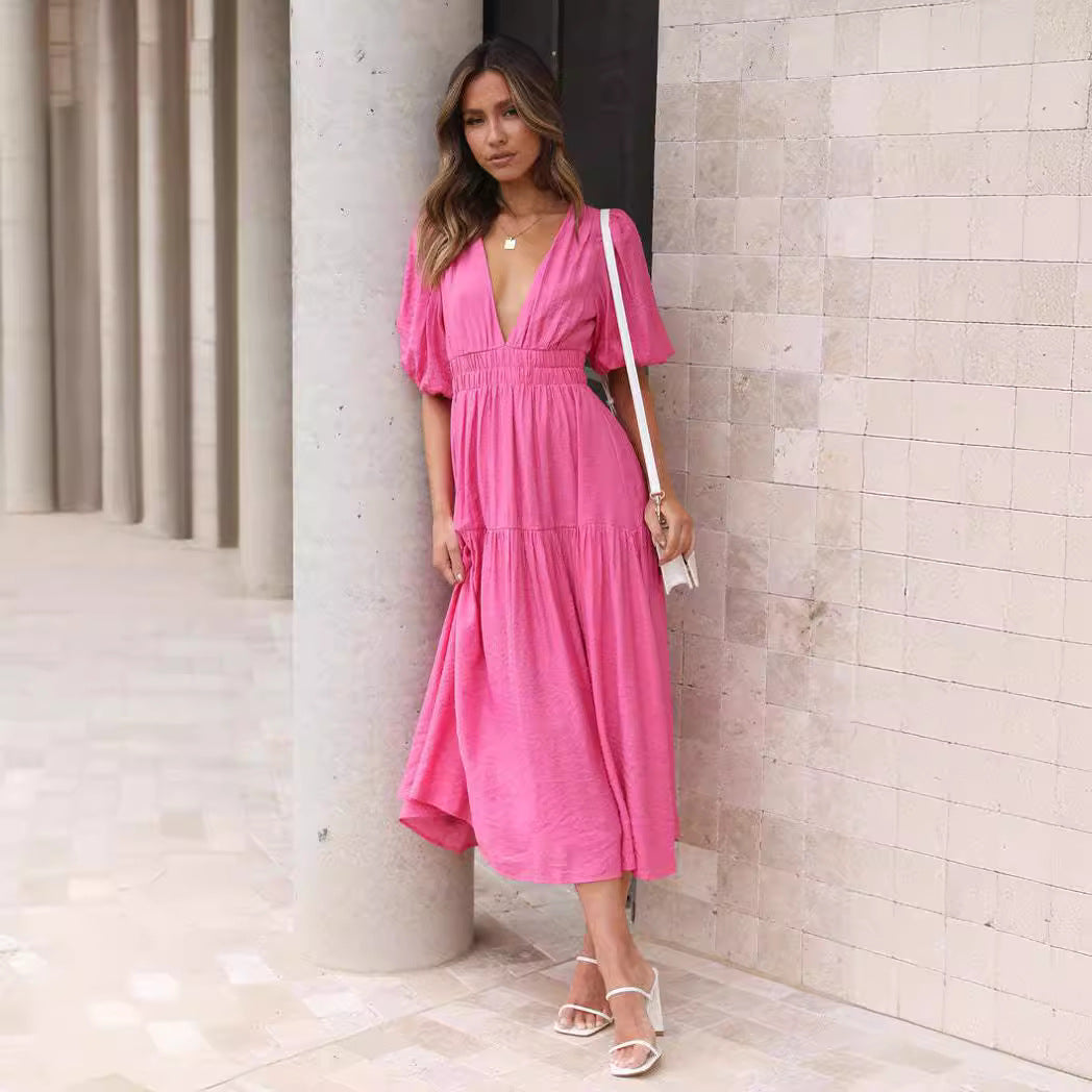 Damen Maxikleid mit weiten Puffärmeln und elastischem Taillenzug Drune
