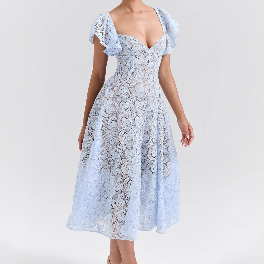 Damen Spitzenkleid mit voluminösen Rüschärmeln und ausgestelltem Rock Drune