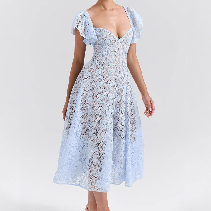 Damen Spitzenkleid mit voluminösen Rüschärmeln und ausgestelltem Rock Drune