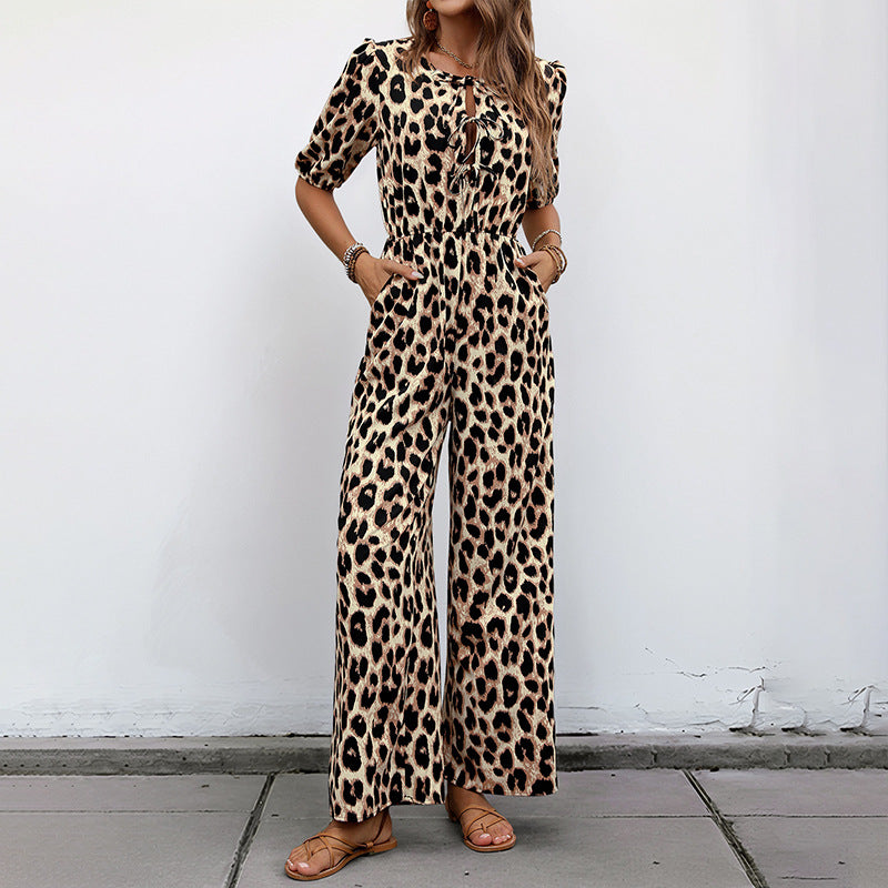 Damen lässiger Jumpsuit mit Leo-Muster und schulterfreien Puffärmeln Drune