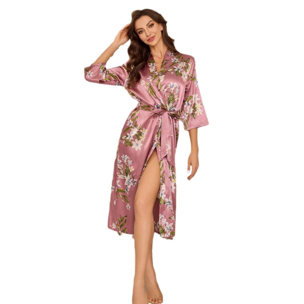 Damen Floral Satin Robe mit offenem Schlitz Drune