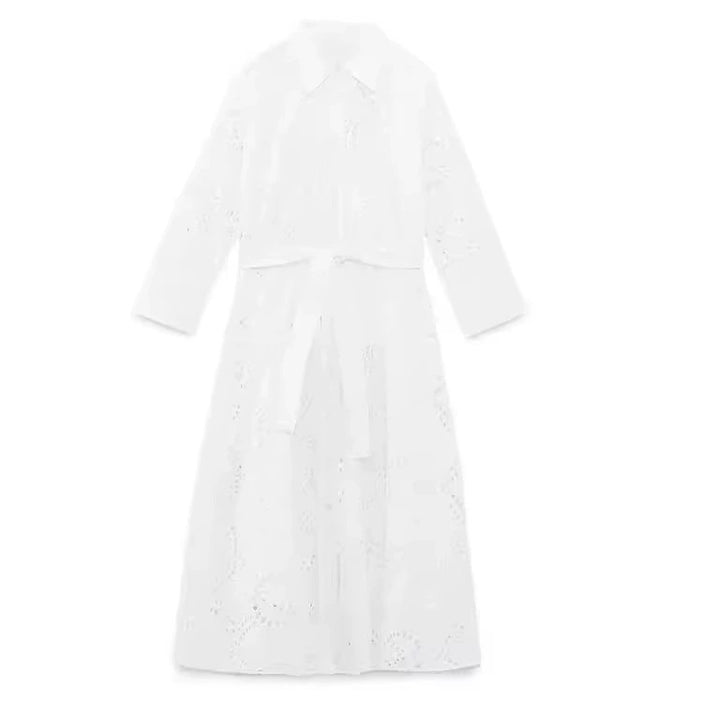 Damen nan langes Hemdkleid mit Lochstickerei, Hemdkragen und Bindegürtel Drune