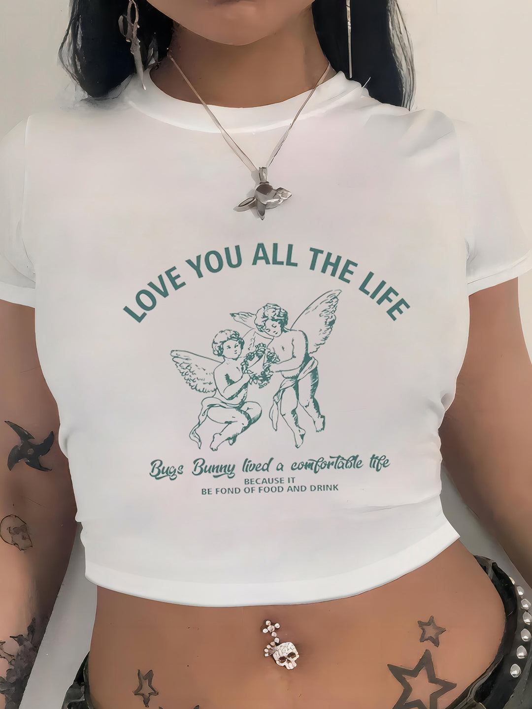 Damen Crop-T-Shirt mit modernem Grafiken-Aufdruck Drune