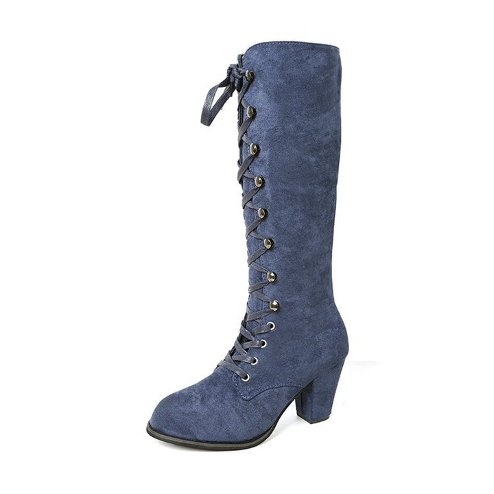 Damen kniehohe Schnürstiefel mit mittelhohem Blockabsatz und Vintage‑Wildlederoptik Drune