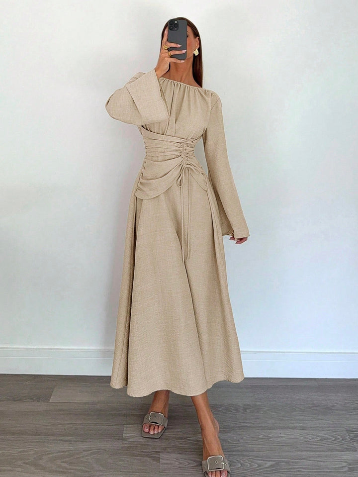 Damen Maxikleid mit geraffter Taillen-Schnürung, weiten Ärmeln und fließendem Rock Drune
