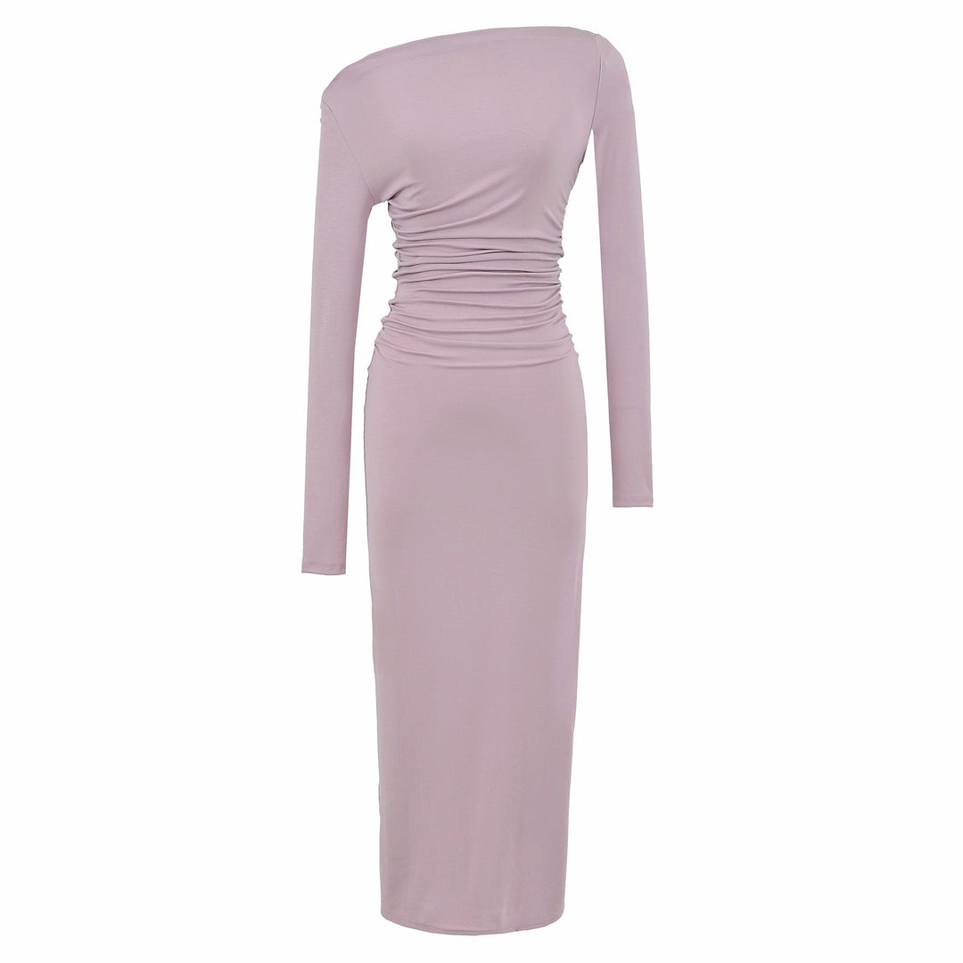 Damen Einschulter-Midikleid mit Langarm und seitlicher Raffung Drune