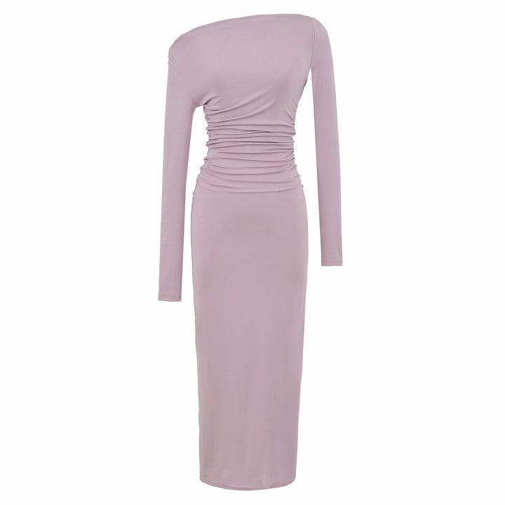 Damen Einschulter-Midikleid mit Langarm und seitlicher Raffung Drune