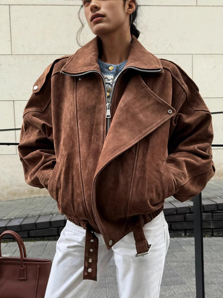 Damen modische Oversized-Lederjacke mit Gürtel Drune