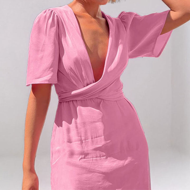 Damen Maxikleid mit tiefem V-Ausschnitt und Puffärmeln Drune
