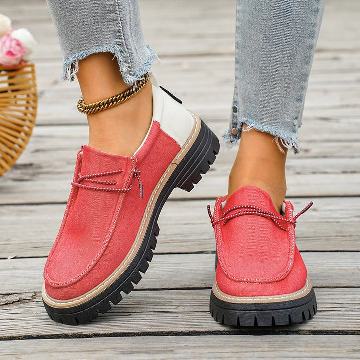 Damen Modische Slipper-Loafer mit grober Profilsohle, Canvas-Obermaterial und dekorativer Kordel Drune