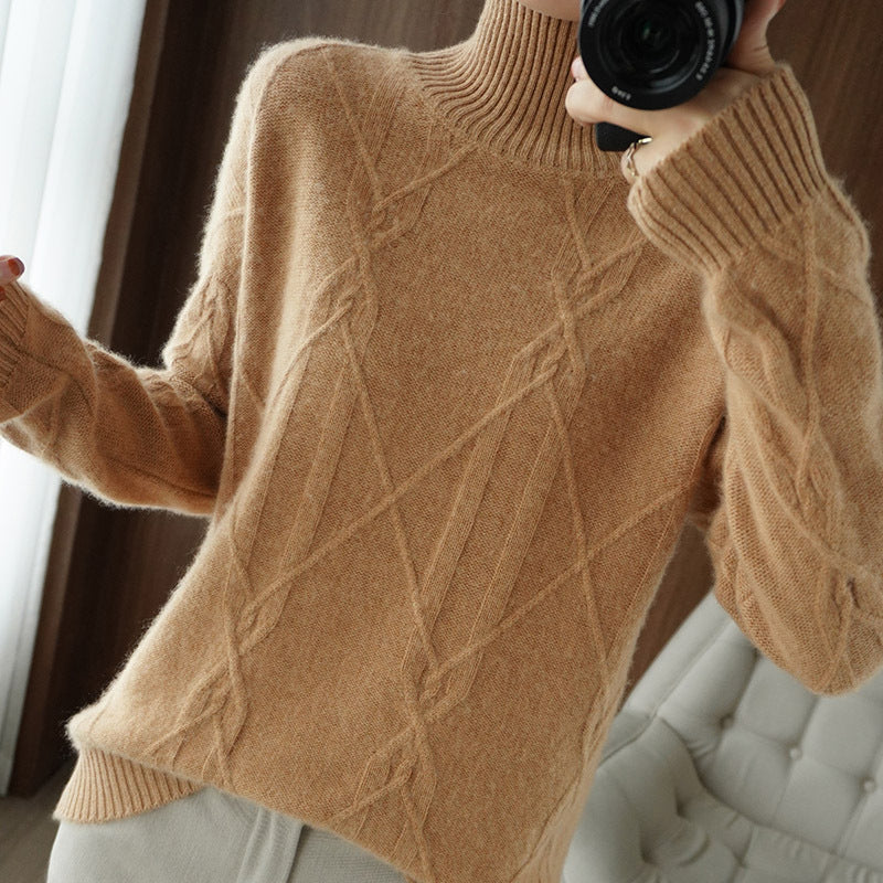 Damen Weicher Mohair‑Look Pullover mit hohem Rippkragen, Zopfmotiv und kastiger Oversize‑Passform Drune