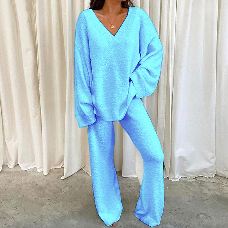 Damen Bequemes Fleece-Loungewear-Set mit V-Ausschnitt Drune
