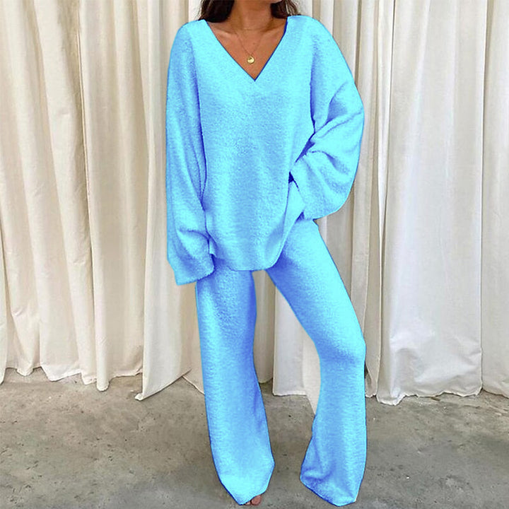 Damen Bequemes Fleece-Loungewear-Set mit V-Ausschnitt Drune