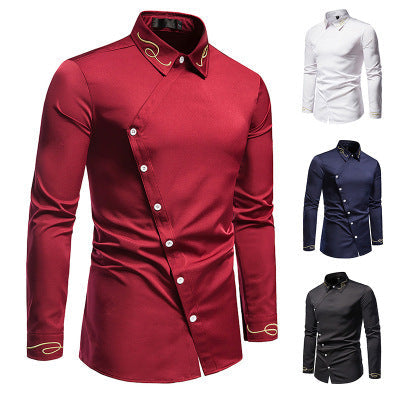 Herren Elegantes Langarmhemd mit asymmetrischem Knopfdesign und gesticktem Kragen Drune