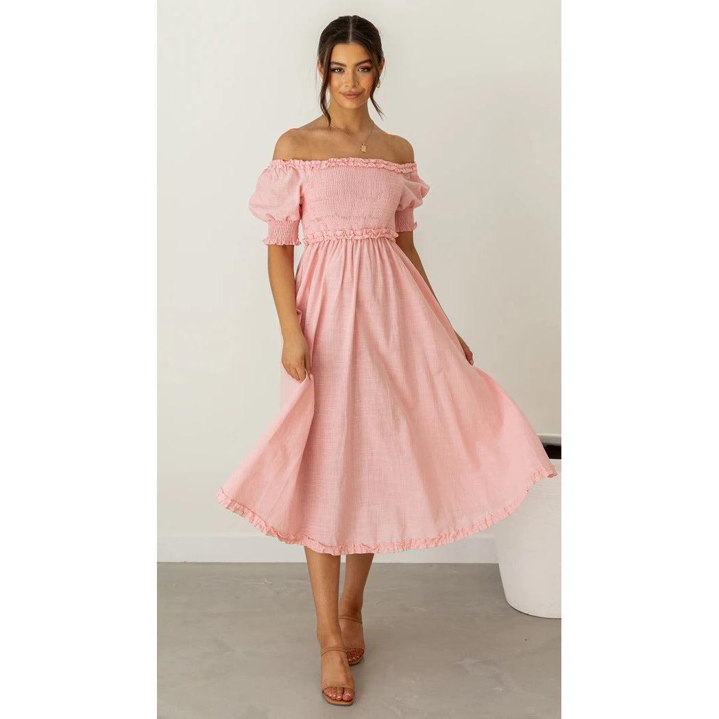 Damen Off-Shoulder Midikleid mit luftiger Silhouette und Rüschendetails Drune