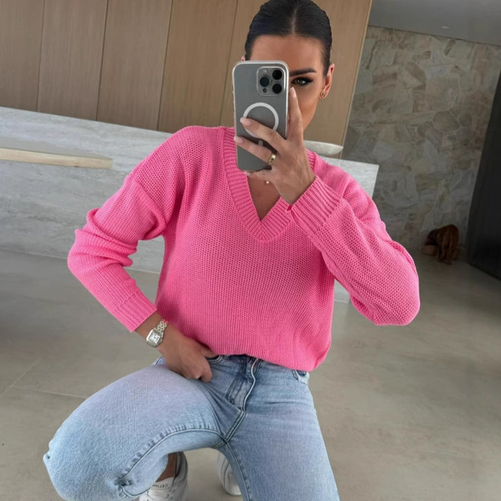Damen luftiger Strickpullover mit modernem V-Ausschnitt und strukturiertem Design Drune