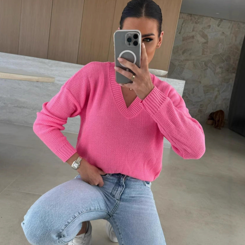 Damen Strickpullover mit tiefem V-Ausschnitt und legerem Schnitt Drune