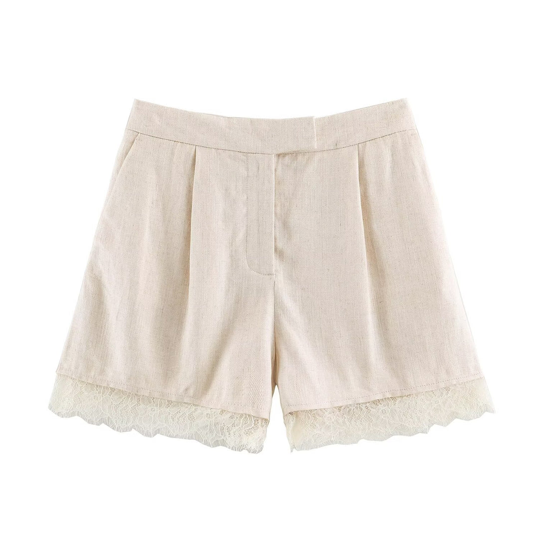 Damen Zweiteiler Kurzblazer mit V-Ausschnitt und Spitzenbesatz sowie hochtaillierte Bundfalten-Shorts Drune