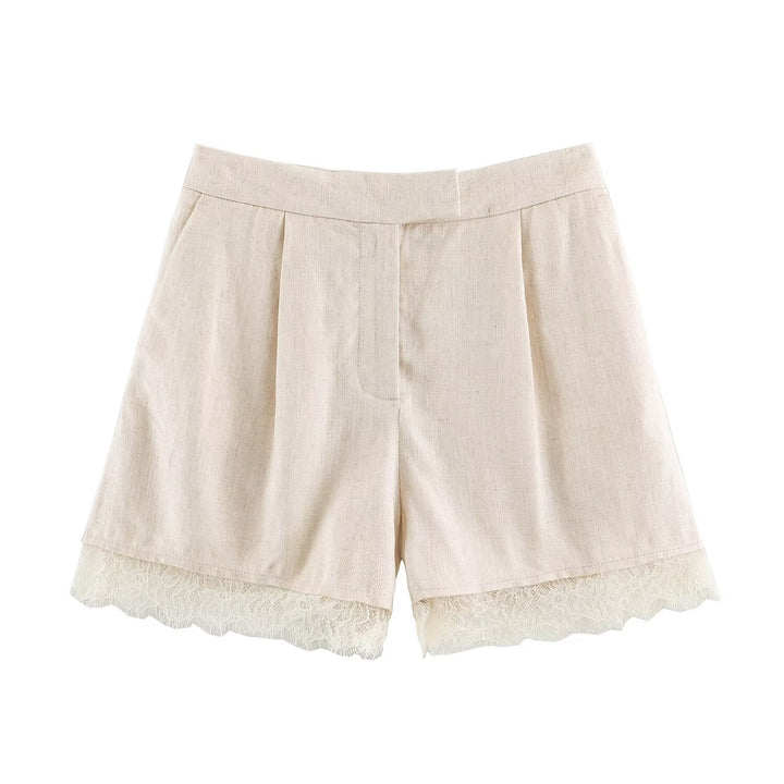 Damen Zweiteiler Kurzblazer mit V-Ausschnitt und Spitzenbesatz sowie hochtaillierte Bundfalten-Shorts Drune